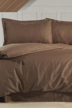 Çeyiz Diyarı Stripe Çift Kişilik PollySaten Nevresim Takımı Cappucino - Çeyiz Diyarı