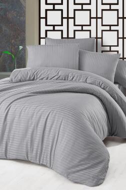 Çeyiz Diyarı Stripe Çift Kişilik PollySaten Nevresim Takımı Gri - Çeyiz Diyarı