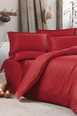 Çeyiz Diyarı Stripe Çift Kişilik PollySaten Nevresim Takımı Kırmızı - Çeyiz Diyarı