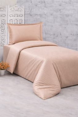 Çeyiz Diyarı Stripe Tek Kişilik PollySaten Nevresim Takımı Bej - Çeyiz Diyarı