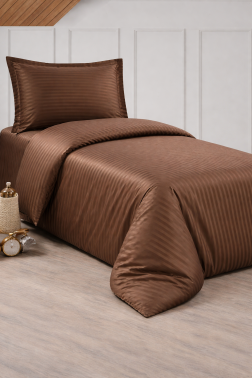 Çeyiz Diyarı Stripe Tek Kişilik PollySaten Nevresim Takımı Cappucino - Çeyiz Diyarı