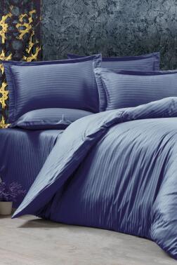 Çeyiz Diyarı Stripe Tek Kişilik PollySaten Nevresim Takımı Lacivert - Çeyiz Diyarı