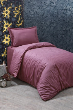 Çeyiz Diyarı Stripe Tek Kişilik PollySaten Nevresim Takımı Mürdüm - Çeyiz Diyarı