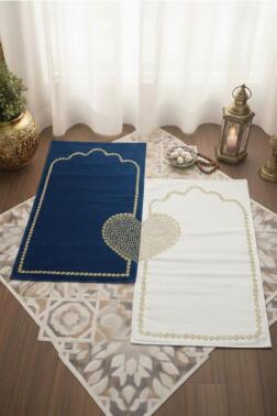 Çeyizdiyarı İrem Kadife 2'li Seccade Takımı Krem Lacivert - Çeyiz Diyarı