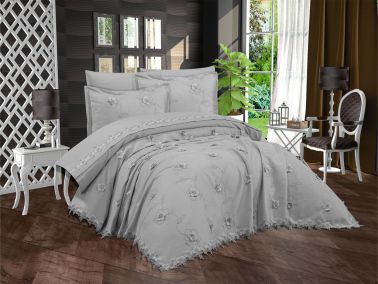 Çeyizdiyarı Topkapı 6 Parça Şönil Nakışlı Pike Takımı Gri - Çeyiz Diyarı