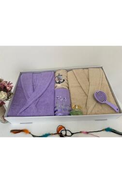 Çeyizlik Aile Bornoz Seti 4 Parça Lila - Bej - Çeyiz Diyarı (1)