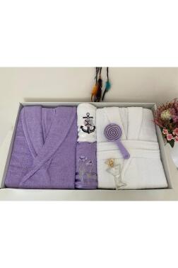 Çeyizlik Aile Bornoz Seti 4 Parça Lila - Beyaz - Çeyiz Diyarı (1)