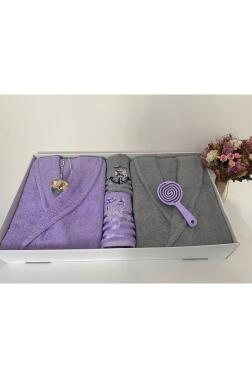 Çeyizlik Aile Bornoz Seti 4 Parça Lila - Gri - Çeyiz Diyarı