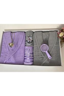 Çeyizlik Aile Bornoz Seti 4 Parça Lila - Gri - Çeyiz Diyarı (1)