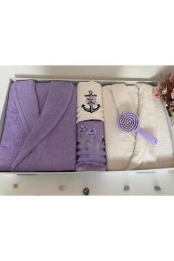 Çeyizlik Aile Bornoz Seti 4 Parça Lila - Krem - Çeyiz Diyarı