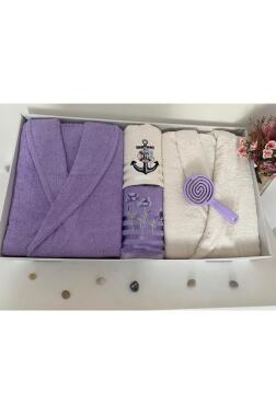 Çeyizlik Aile Bornoz Seti 4 Parça Lila - Krem - Çeyiz Diyarı (1)