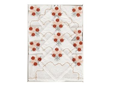 Çeyizlik El İşi Dantel Mutfak Takımı Flowers Kahve Gümüş - Çeyiz Diyarı