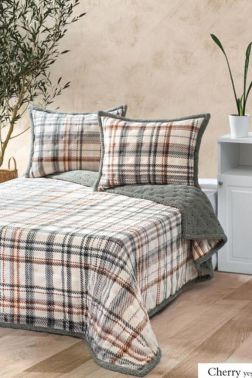 Cherry All Day Pelüş Çift Kişilik Yatak Örtüsü Yeşil - Çeyiz Diyarı