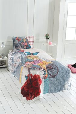 Çiçekçi Kız Genç ve Çocuk Baskılı Tek Kişilik Yatak Örtüsü Gri - Çeyiz Diyarı