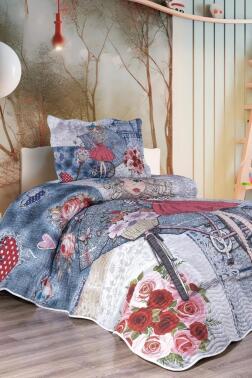 Çiçekçi Kız Genç ve Çocuk Baskılı Tek Kişilik Yatak Örtüsü Mavi - Çeyiz Diyarı