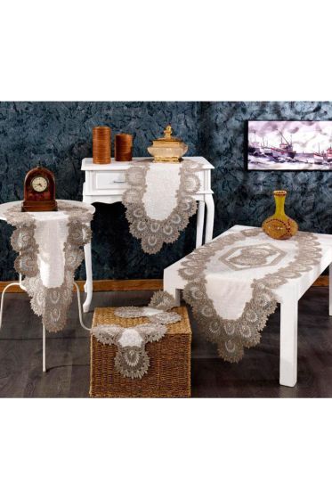 Çilem Kadife Kordone 5 Parça Salon Takımı Krem Cappucino - Çeyiz Diyarı (1)