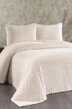 Cordoba Peluş Çift Kişilik Yatak Örtüsü Krem - Çeyiz Diyarı