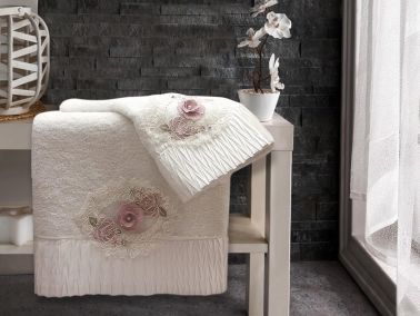 Cotton İncili 3D Hamam Seti Flower Krem - 1