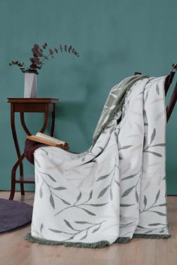 Crocus Tek Kişilik Pamuklu Battaniye Yeşil-Bej - Çeyiz Diyarı