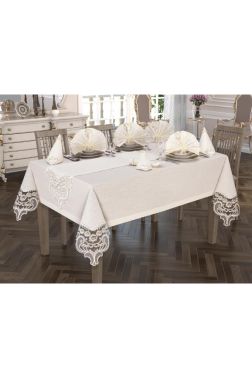 Crown Linen Fransız Güpürlü Masa Örtüsü Takımı 26 Parça Krem - 3