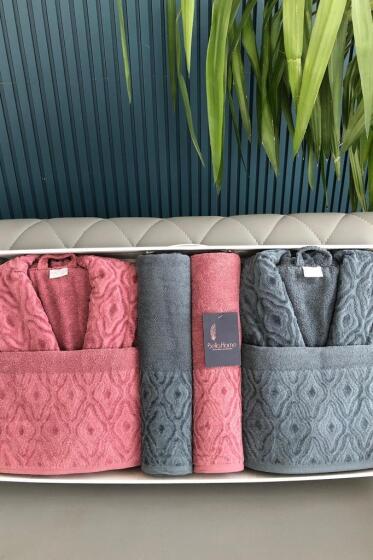 Damask 6 Parça Aile Bornoz Takımı Cherry İndigo - Çeyiz Diyarı