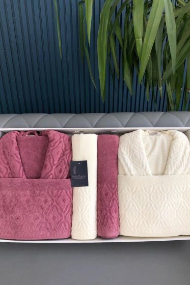 Damask 6 Parça Aile Bornoz Takımı Mürdüm Krem - Çeyiz Diyarı