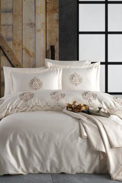 Damask Nakışlı %100 Pamuk Saten Çift Kişilik Nevresim Takımı Şampanya - Çeyiz Diyarı