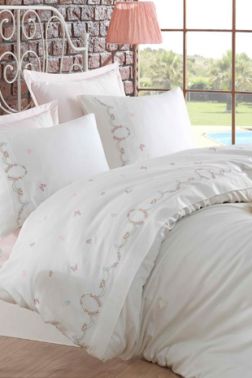 Dantela Bade Nakışlı Pamuk Saten Nevresim Takımı Krem - Dantela