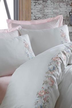 Dantela Frezya Nakışlı Pamuk Saten Nevresim Takımı Pudra - Dantela