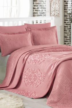 Dantela Mina Jakarlı Çift Kişilik Yatak Örtüsü Gül Kurusu - Dantela