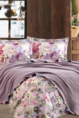 Dantela Violet Ponponlu Çift Kişilik Pike Takımı Leylak - Dantela