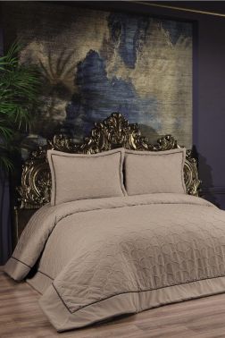 Daye Dolgulu Şönil Çift Kişilik Yatak Örtüsü Cappucino - Çeyiz Diyarı