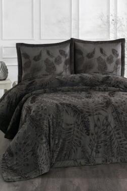 Defne Elyaf Dolgulu Çift Kişilik 250x255 Cm Yatak Örtüsü Antrasit - Çeyiz Diyarı