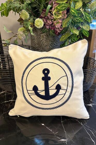Denizci Lüx Nakışlı Keten Kırlent Kılıfı 45x45 cm - Çeyiz Diyarı