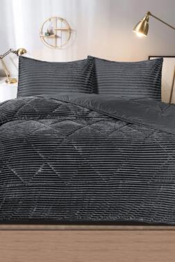 Derya Çift Kişilik Pelüş Yatak Örtüsü Antrasit - Çeyiz Diyarı