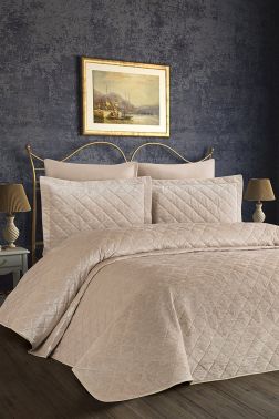 Dessert Kadife Çift Kişilik Yatak Örtüsü Bej - Çeyiz Diyarı