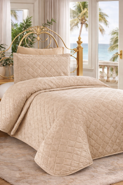 Dessert Kadife Tek Kişilik Yatak Örtüsü Bej - Çeyiz Diyarı