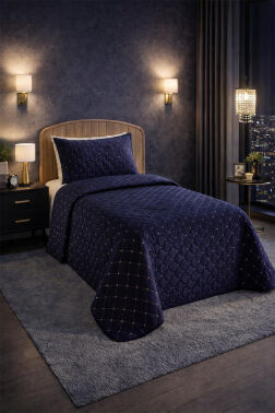 Dessert Kadife Tek Kişilik Yatak Örtüsü Lacivert - Çeyiz Diyarı