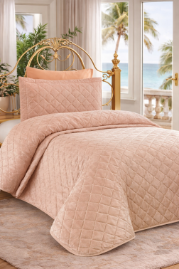 Dessert Kadife Tek Kişilik Yatak Örtüsü Pudra - Çeyiz Diyarı