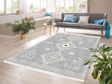 Dijital Baskı Kaymaz Taban Kadife Halı Afza Gri 80x150 Cm - Çeyiz Diyarı