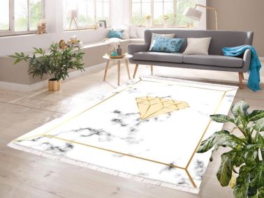 Dijital Baskı Kaymaz Taban Kadife Halı Diamond Beyaz-Gold 120x180 Cm - Çeyiz Diyarı