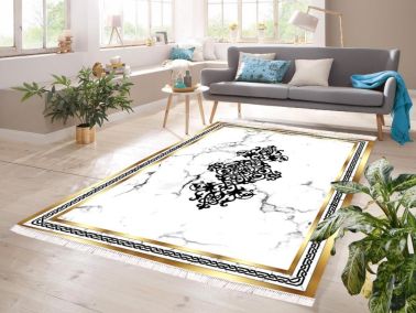 Dijital Baskı Kaymaz Taban Kadife Halı Erika Beyaz-Gold 180x280 Cm - Çeyiz Diyarı