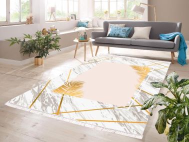 Dijital Baskı Kaymaz Taban Kadife Halı Franca Beyaz-Gold 80x200 Cm - Çeyiz Diyarı
