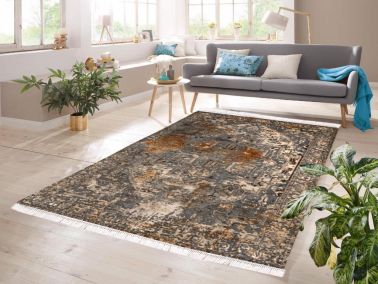Dijital Baskı Kaymaz Taban Kadife Halı İnna Gri-Krem 100x300 Cm - Çeyiz Diyarı