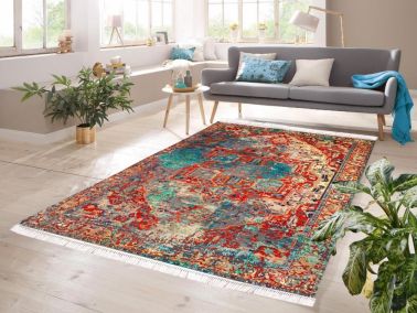 Dijital Baskı Kaymaz Taban Kadife Halı İnna Kırmızı-Turkuaz 80x150 Cm - Çeyiz Diyarı