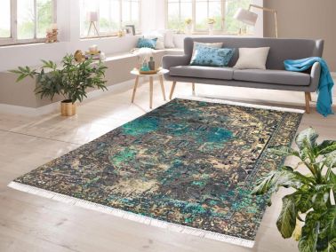 Dijital Baskı Kaymaz Taban Kadife Halı İnna Turkuaz 100x200 Cm - Çeyiz Diyarı