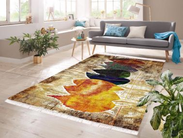 Dijital Baskı Kaymaz Taban Kadife Halı Leaf Renkli 100x200 Cm - Çeyiz Diyarı