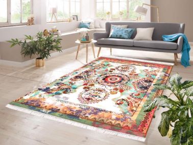 Dijital Baskı Kaymaz Taban Kadife Halı Lidya Renkli 100x300 Cm - Çeyiz Diyarı