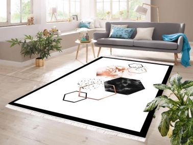Dijital Baskı Kaymaz Taban Kadife Halı Sandra Beyaz-Siyah 80x150 Cm - Çeyiz Diyarı