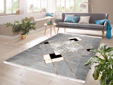 Dijital Baskı Kaymaz Taban Kadife Halı Square Gri 100x300 Cm - Çeyiz Diyarı